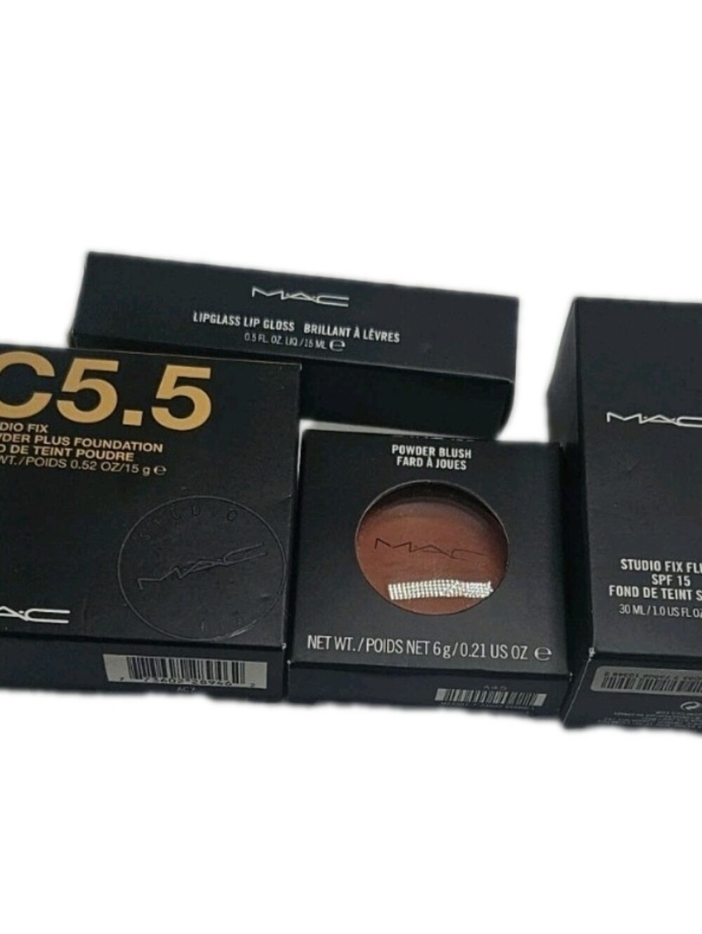 MAC Set Of 4 Cosmetics- Liquid & Powder Foundation, Blush, Lip Gloss New In Box